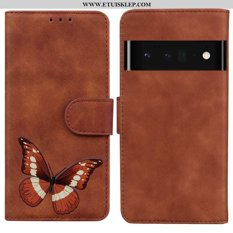 Etui Folio do Google Pixel 6 Pro Motyl Dotykający Skóry